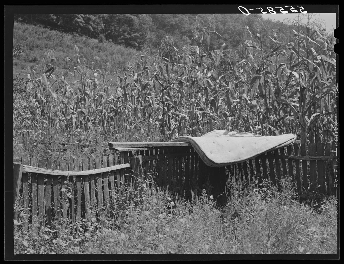 Airing a mattress in mountain family's backyard up Burton's Fork of the Kentucky River. Breathitt County, Kentucky